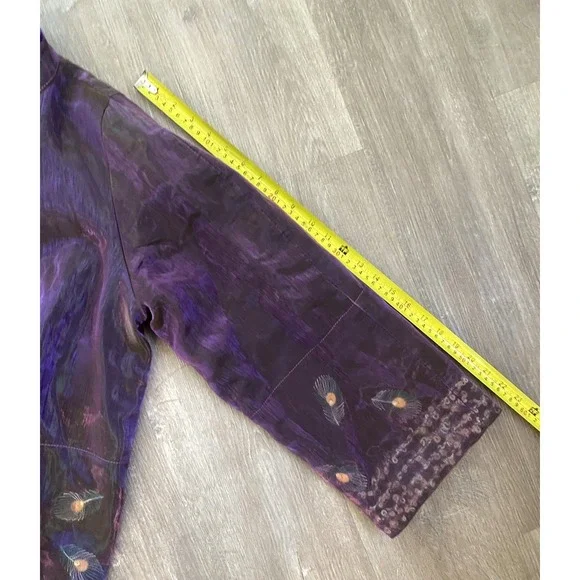 Vintage Anis USA Iridescent Peacock Jacket Kimono L Silk Top Boho Slow Phoebe - Picture 10 of 12